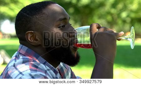 Bearded Man Drinking Beverage On Picnic, Relaxing Outdoors, Wine Traditions