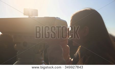 Female Tourist Looking To Tower Viewer On Skydeck, Enjoying Beautiful Scenery