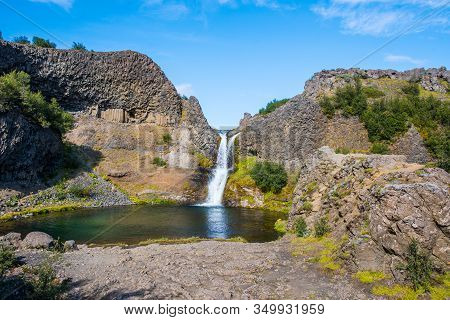 Gjarfoss Waterfall In Gjain In South Iceland On A Sunny Summer Day