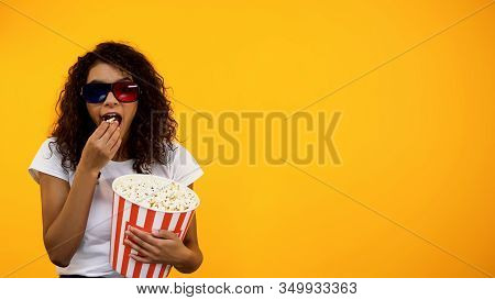 African-american Girl In 3d Glasses With Popcorn Watching Comedy Show, Template