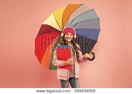 Rain Forecast On September 1. Cute Schoolgirl Colorful Umbrella On September 1. Small Child Go To Li