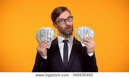 Confident Businessman Showing Dollar Banknotes, High-paid Job, Cash Honorarium