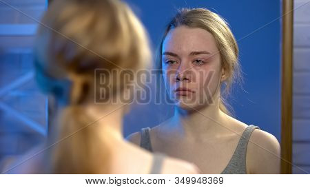 Young Female Suffering Depression, Crying Looking At Mirror Reflection, Despair
