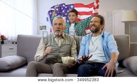 Multiage Soccer Fans Watching Football Championship, Cheering American Team