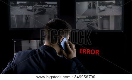 Security Operator Calling Police, Error On Screen Of Cctv Footage, Robbery