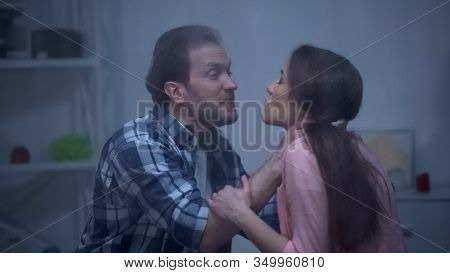 Mad Man Choking Wife At Home Behind Window, Assault In Family, Quarrelling