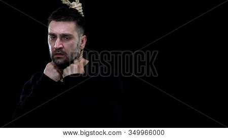 Disappointed Man In Rope Noose On Black Background, Life Crisis, Depression