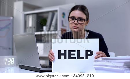 Depressed Office Worker Showing Help Sign, Employee Rights Violation, Workload