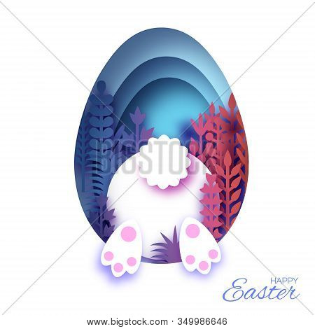White Easter Rabbit And Flower In Paper Cut Style. Bunny Booty. Egg Layered Frame. Blue