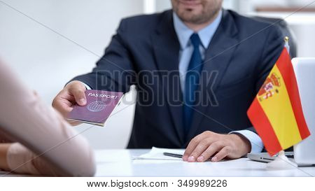 Spain Consular Officer Giving Passport To Immigrant, Work Visa, Citizenship