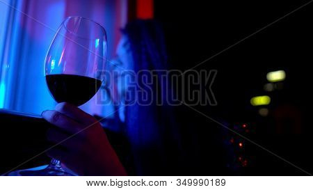 Drunk Female Falling Asleep With Glass Of Wine At Balcony, Alcohol Addiction