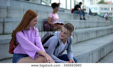 High School Pupil Getting Acquainted Pretty Red-haired Female Romantic Feelings