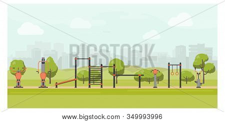 Urban Park Landscape Flat Illustration With Street Workout Zone. Sport Playground, Outdoor Gym Equip