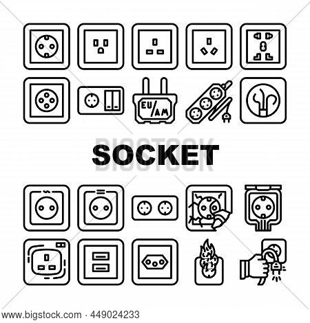 Socket Power Electrical Accessory Icons Set Vector. American And European, Australia And Universal W