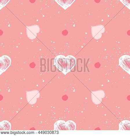 Seamless Pattern With Watercolor Hearts And Grunge Elements On A Pink Background. For Valentine Day 