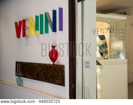 Murano, Venice, Italy - January 6 2022: Venini Glass Maker Show Room Entrance With Logo