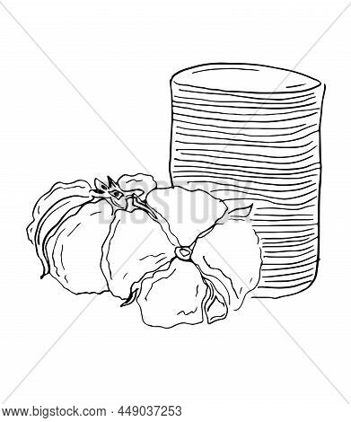 Cotton Pads For Removal Makeup With Cotton Flower. Sketch Of Cotton Pads, Personal Hygiene Items.
