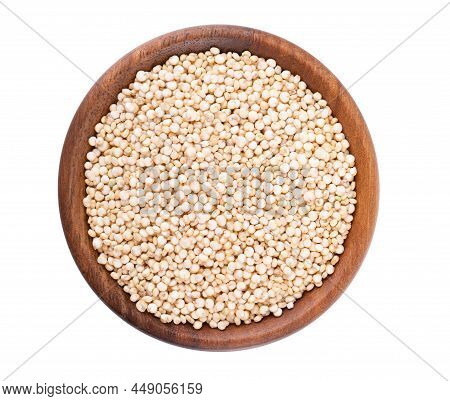 White Quinoa Seeds In Wooden Bowl, Isolated On White Background. Pile Of Raw Kinwa. Top View.