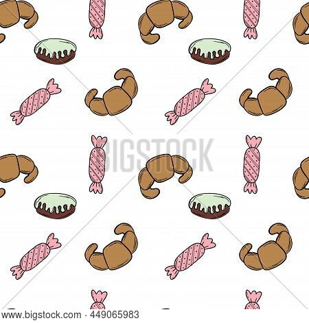 Bakery Black Doodle Outline Seamless Pattern With Pastry.