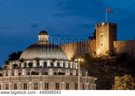 Skopje Fortress and head office of Water Supply and Sewerage of Sopje at night, Northern Macedonia