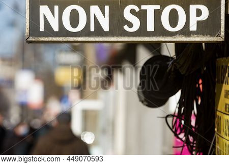 Bucharest, Romania - January 04, 2022: A Non-stop Advertisement Of A Store.