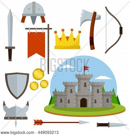 Medieval Set Of Item. European Castle With Tower, Shield, Sword, Red Flag, Tournament, Arrow, Bow, Q