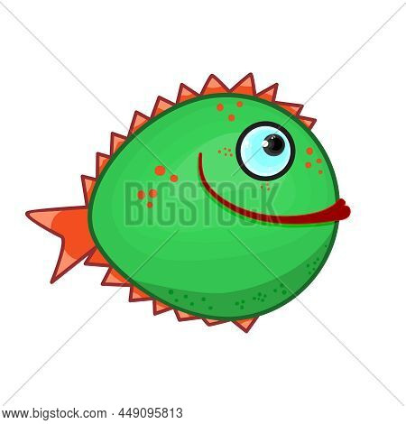 Cartoon Fish Isolated On White Background. Cute Kawaii Colorful Aquarium Or Sea Animal. Green Tropic