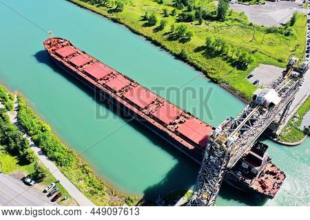 An Aerial Of A Lake Freighter Travelling In The Welland Canal, Canada