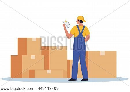 Warehouse Worker Checking Goods In Boxes. Stock Taking Job. Modern Flat Style Vector Illustration Is