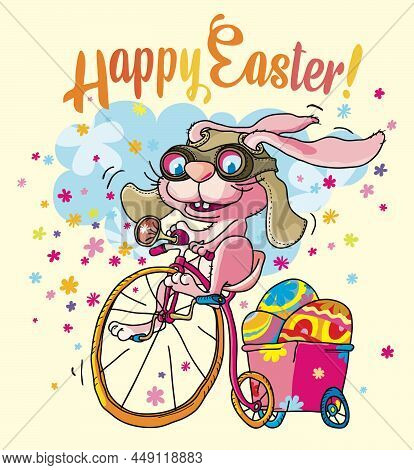 Happy Easter Greeting Card Design With Easter Bunny On Penny Farting Bicycle