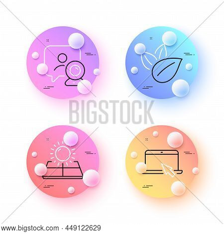 Sun Energy, Video Conference And Organic Product Minimal Line Icons. 3d Spheres Or Balls Buttons. Po