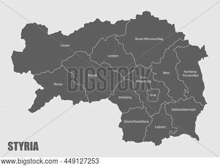 Styria State Administrative Map. Isolated Map With Labels, Austria.