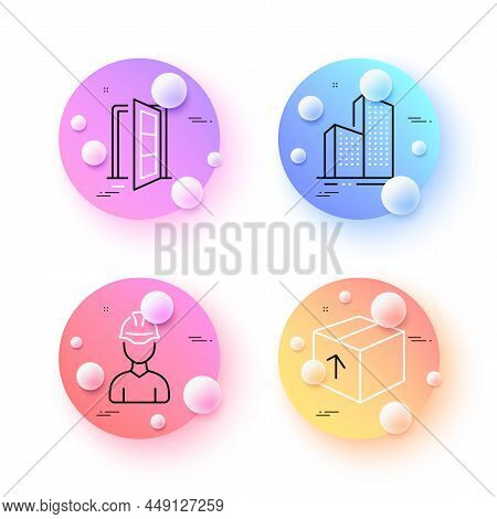 Skyscraper Buildings, Foreman And Open Door Minimal Line Icons. 3d Spheres Or Balls Buttons. Package