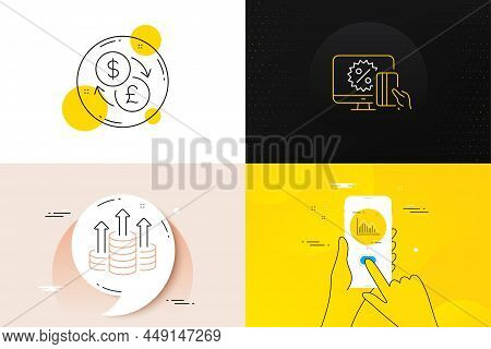Minimal Set Of Investment Graph, Budget And Currency Exchange Line Icons. Phone Screen, Quote Banner