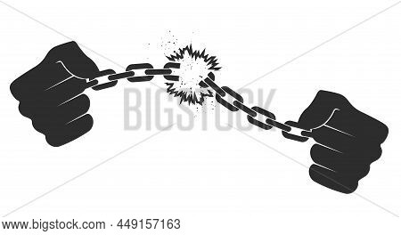 Male Hands Breaking Steel Chain Handcuffs. Freedom Concept. Liberation From Slavery. Flat Vector Ill
