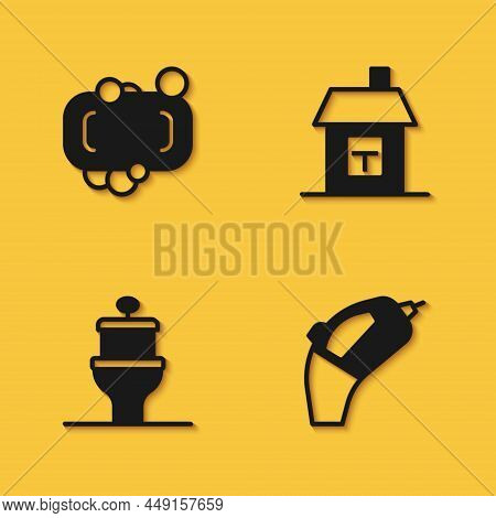 Set Bar Of Soap, Portable Vacuum Cleaner, Toilet Bowl And House Icon With Long Shadow. Vector