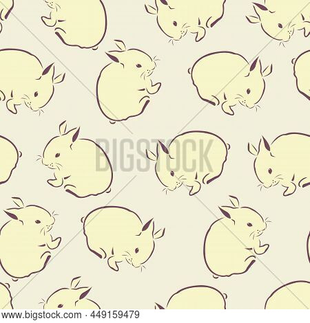 Seamless Pattern With Cute Hares Rabbits Of Yellow Color. Design For Wallpaper, Textile, Easter Back