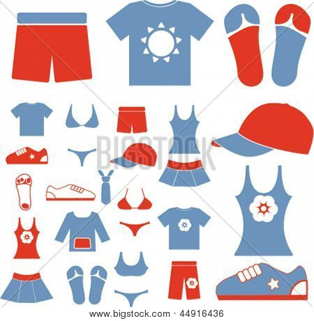 summer beach, sea clothes, dress icons, signs set, vectro