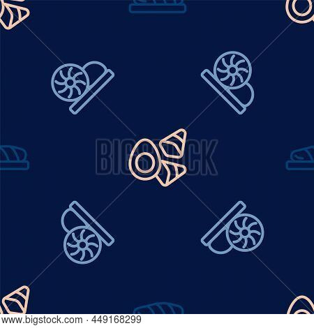 Set Line Fish Steak, Xiao Long Bao And Chicken Egg With Vegerables On Seamless Pattern. Vector