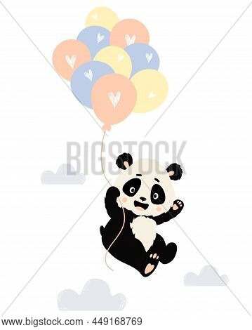 Cute Panda Character Is Flying On Balloons With Clouds And Waving His Paw. Vector Illustration. Cute