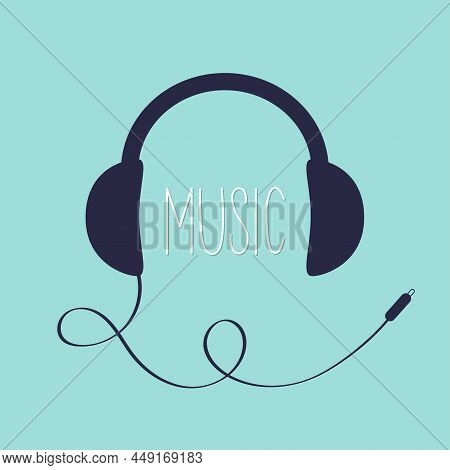Black Headphones Earphones With Cord Plug And Word Music. Headset Icon. Headphone Speaker. Greeting 