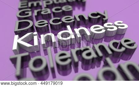 Kindness Tolerance Empathy Grace Decency Words Background 3d Illustration