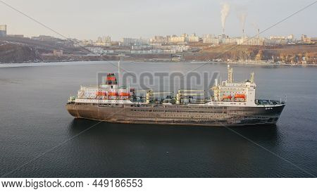 The Fish-processing Vessel Tsar Anchored In The Ussuri Bay. Crab Fish Canning Processing Base Intend