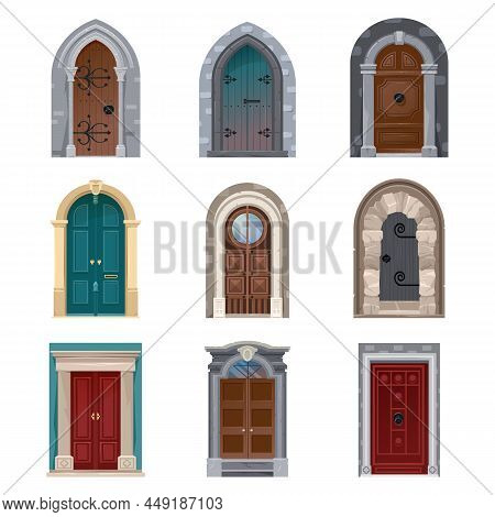 Old Doors Or Castle Gates And Medieval Palace Entrance Gateways, Vector Set. Ancient And Modern Clas