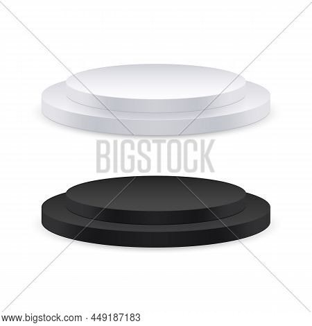 Pedestal Podium, 3d Platform Or Product Stand Background, Vector Display Stage. Round Podium Pedesta