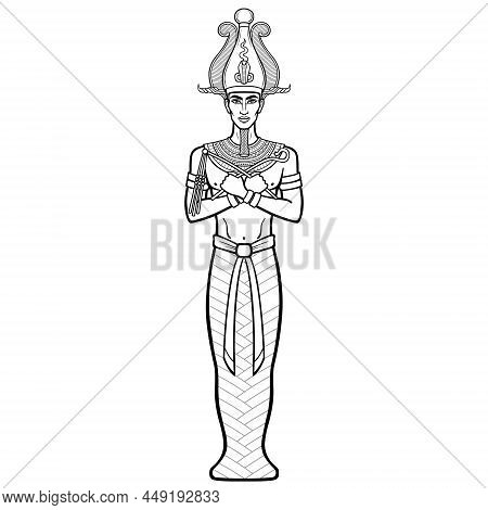 Animation Portrait Egyptian Man In  Horned Crown With Crossed Hands Holds Symbols Of Power. Pharaoh,