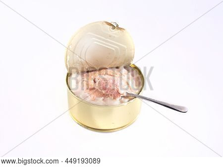 Metal, Round, Open Tin Can With Luncheon Meat, Meat Product, Isolated. Canned Food. Packshot Photo F