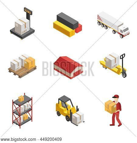 Stock Logistics Isometric Icon Set With Loaders Warehouses And Vehicles For Delivery Of Cargoes Vect