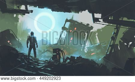 A Dystopian Scene Showing A Futuristic Man Stands In The Ruined City, Digital Art Style, Illustratio