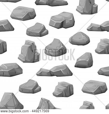 Grey Rock Stones And Boulders, Rubble Gravel And Cobble, Vector Seamless Pattern Background. Cartoon